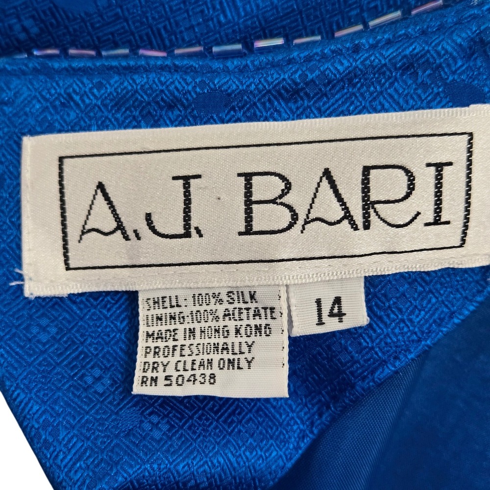 Vintage 80s AJ Bari Royal Blue Silk Jacquard Sequin Cocktail Dress Size 14 - Picture 3 of 12